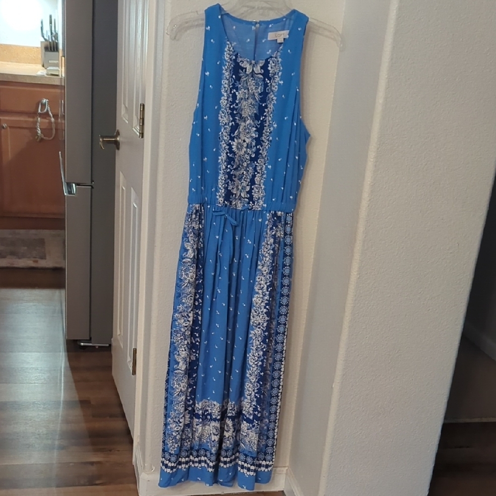 LOFT Blue and White Halter Maxi Sundress